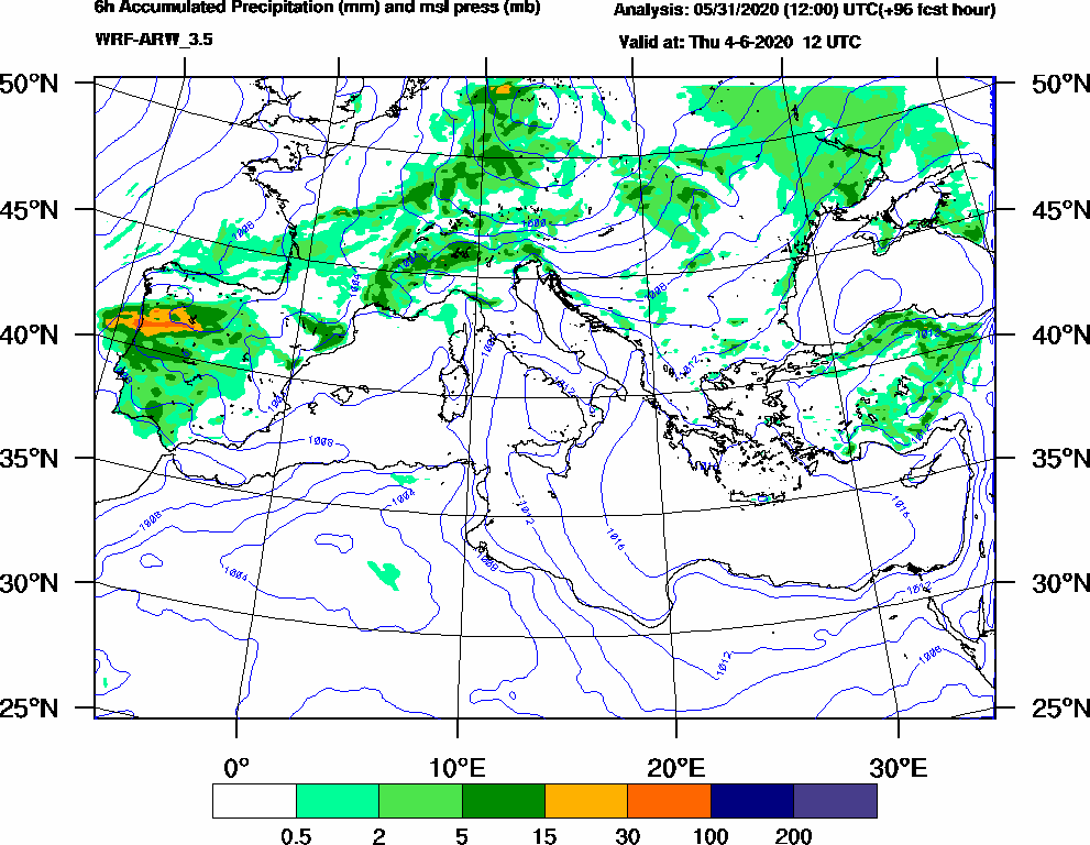 6h Accumulated Precipitation (mm) and msl press (mb) - 2020-06-04 06:00