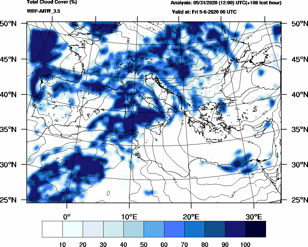 Total cloud cover (%) - 2020-06-04 18:00