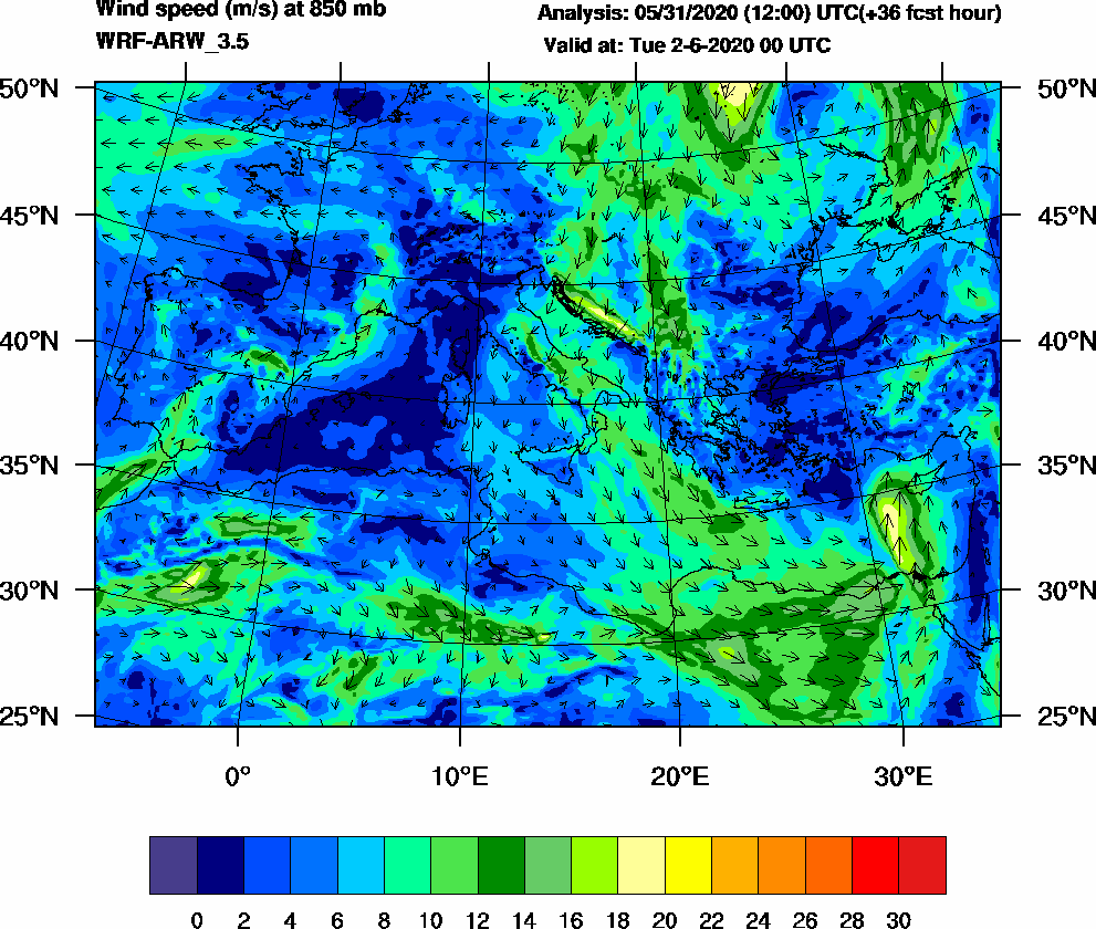 Wind speed (m/s) at 850 mb - 2020-06-02 00:00