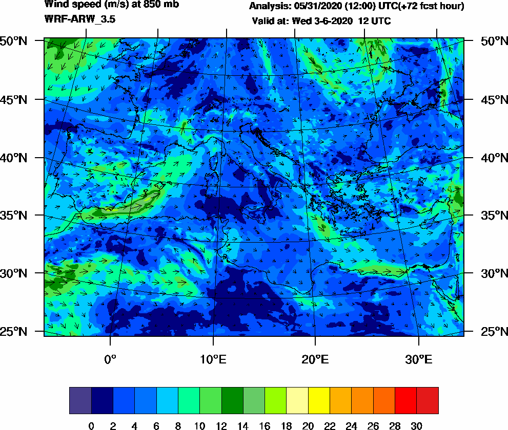 Wind speed (m/s) at 850 mb - 2020-06-03 12:00
