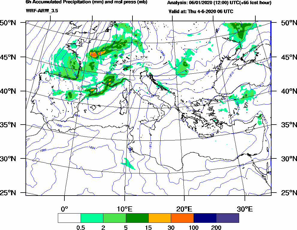 6h Accumulated Precipitation (mm) and msl press (mb) - 2020-06-04 00:00
