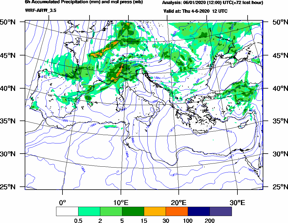6h Accumulated Precipitation (mm) and msl press (mb) - 2020-06-04 06:00