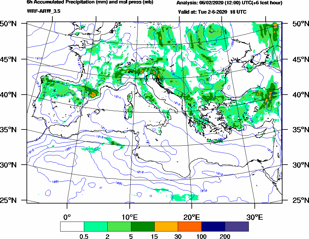 6h Accumulated Precipitation (mm) and msl press (mb) - 2020-06-02 12:00