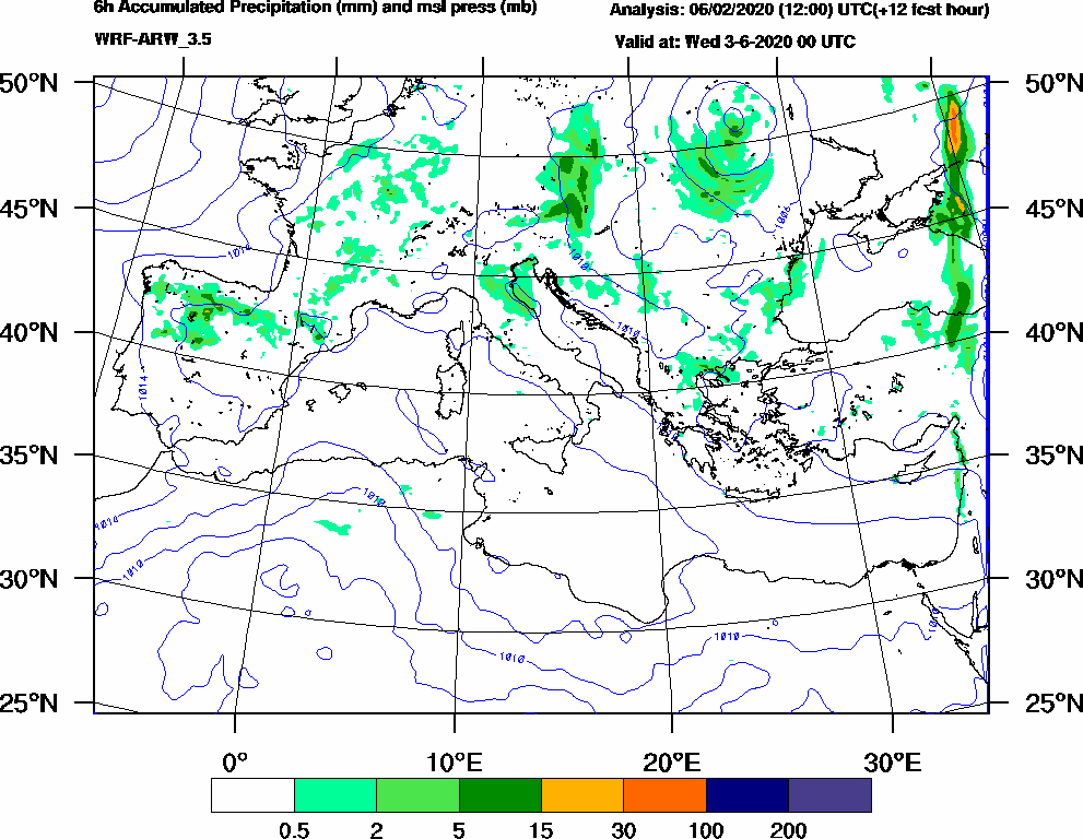6h Accumulated Precipitation (mm) and msl press (mb) - 2020-06-02 18:00