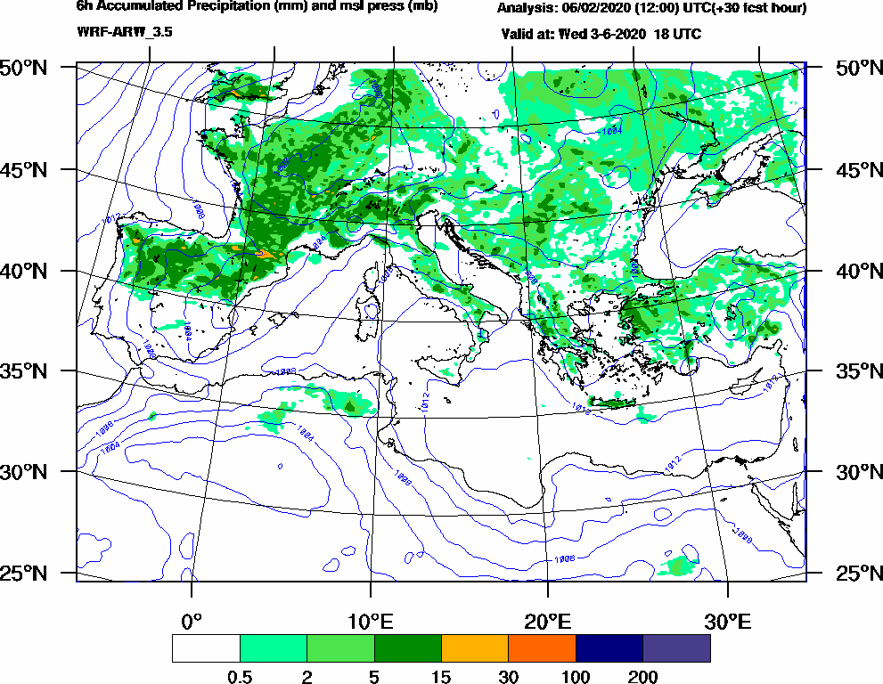 6h Accumulated Precipitation (mm) and msl press (mb) - 2020-06-03 12:00