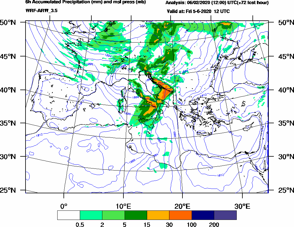 6h Accumulated Precipitation (mm) and msl press (mb) - 2020-06-05 06:00