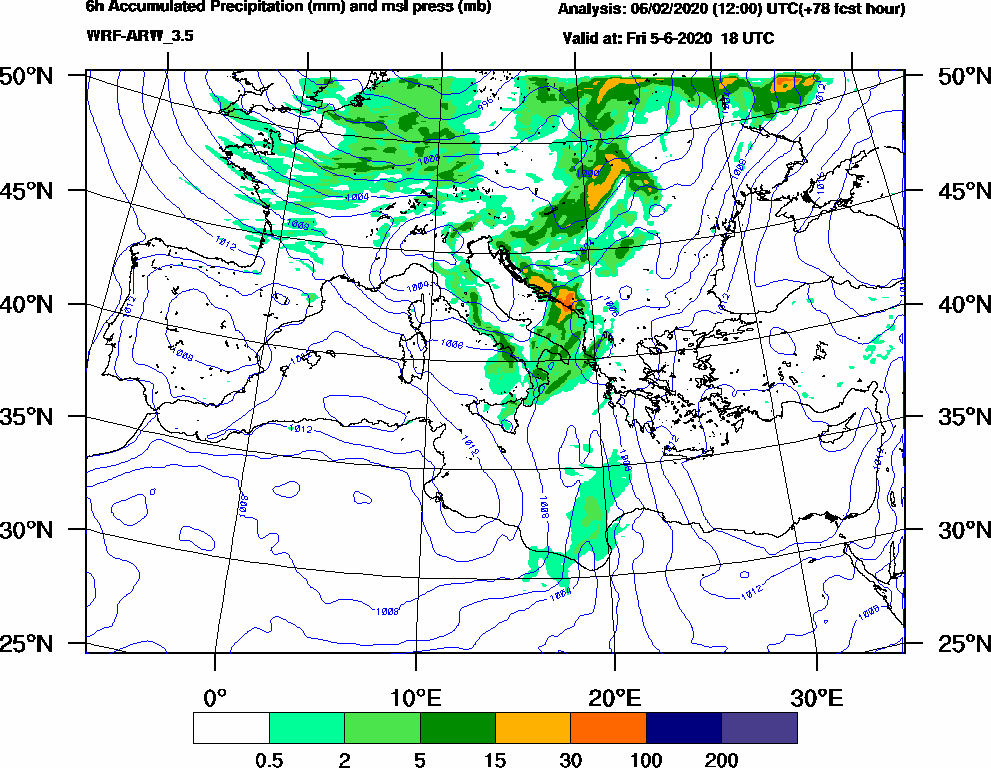 6h Accumulated Precipitation (mm) and msl press (mb) - 2020-06-05 12:00
