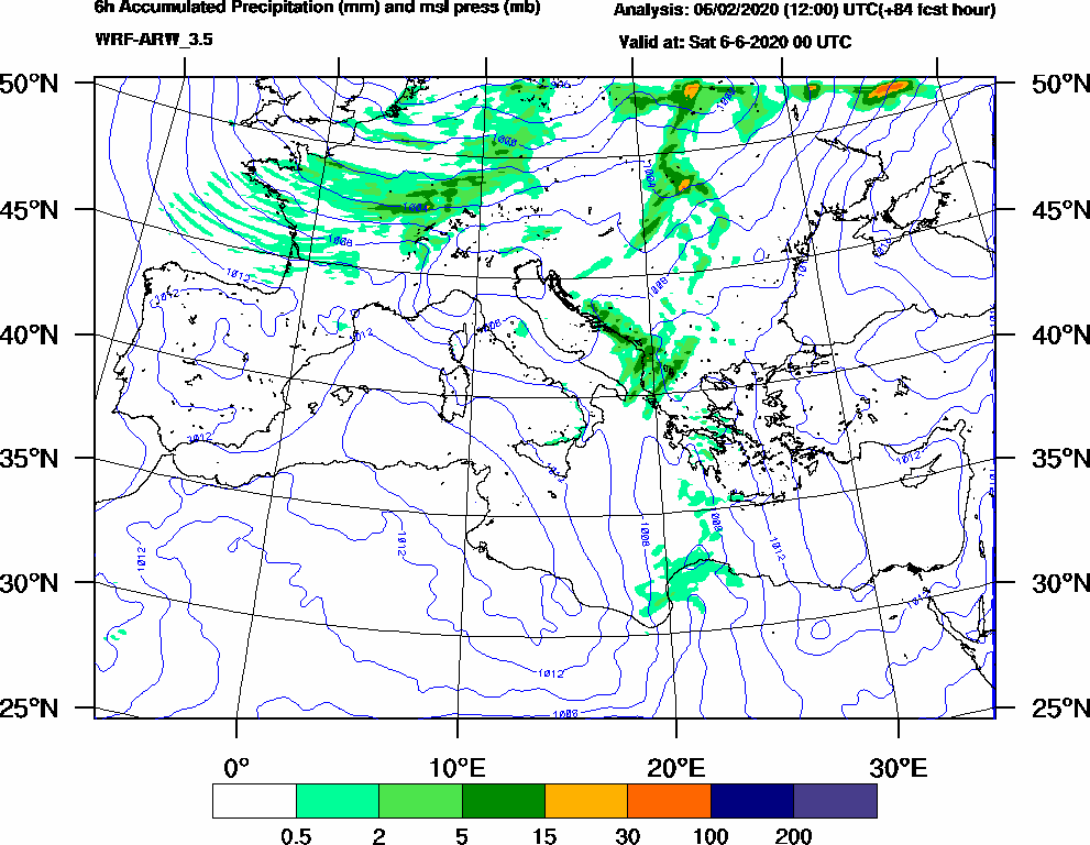 6h Accumulated Precipitation (mm) and msl press (mb) - 2020-06-05 18:00
