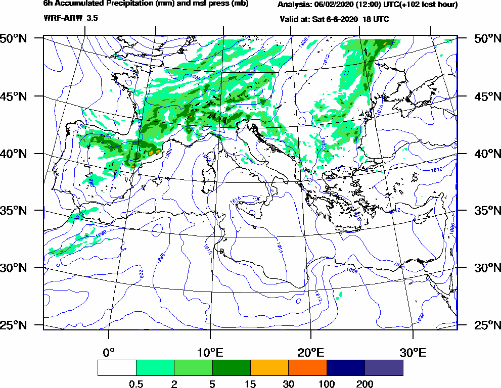 6h Accumulated Precipitation (mm) and msl press (mb) - 2020-06-06 12:00