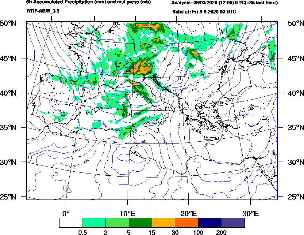 6h Accumulated Precipitation (mm) and msl press (mb) - 2020-06-04 18:00