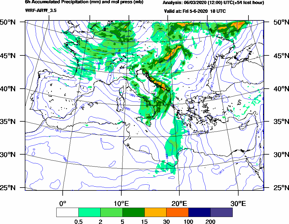 6h Accumulated Precipitation (mm) and msl press (mb) - 2020-06-05 12:00