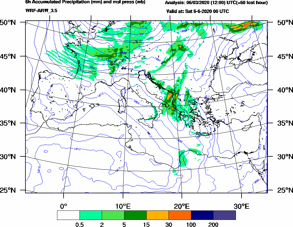 6h Accumulated Precipitation (mm) and msl press (mb) - 2020-06-05 18:00
