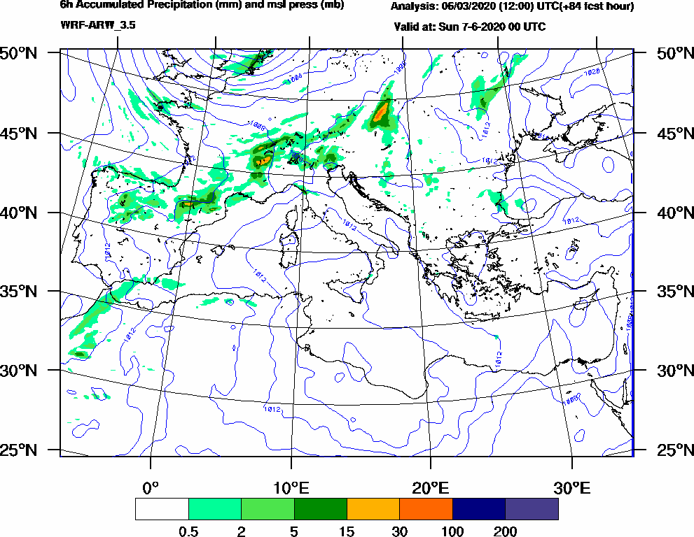6h Accumulated Precipitation (mm) and msl press (mb) - 2020-06-06 18:00