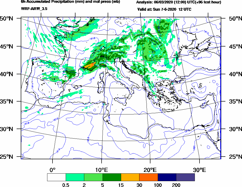 6h Accumulated Precipitation (mm) and msl press (mb) - 2020-06-07 06:00