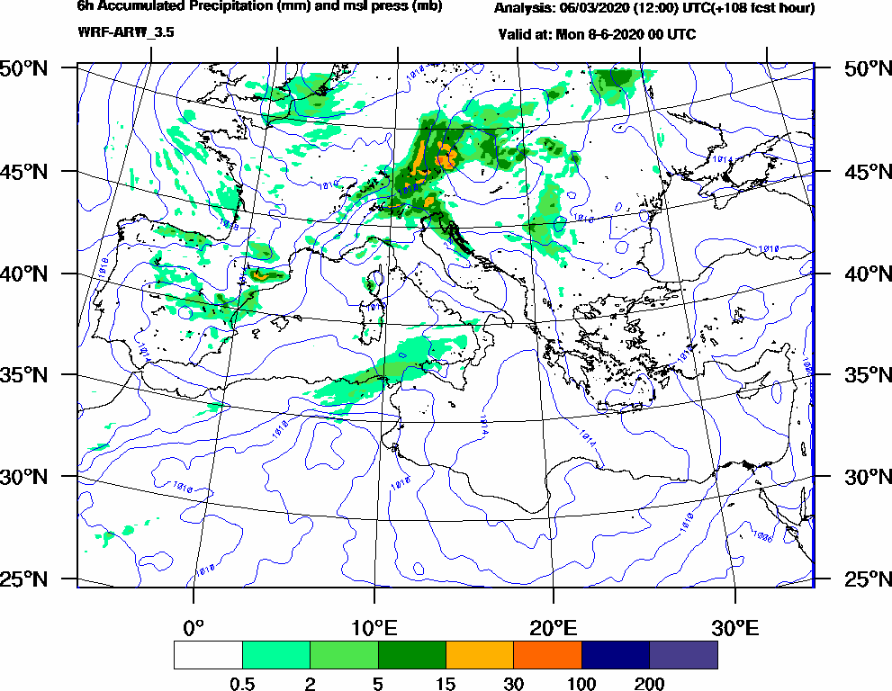 6h Accumulated Precipitation (mm) and msl press (mb) - 2020-06-07 18:00