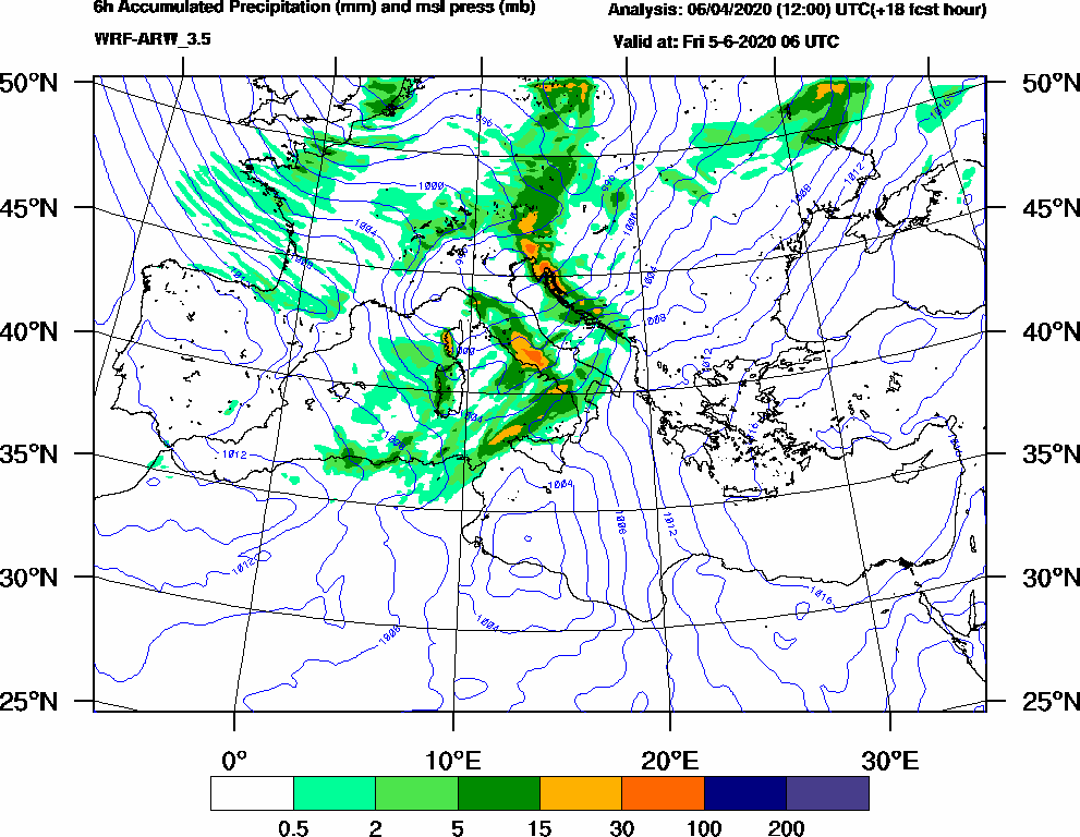 6h Accumulated Precipitation (mm) and msl press (mb) - 2020-06-05 00:00