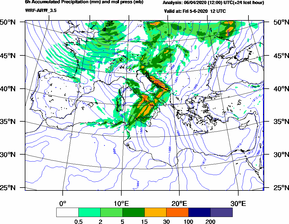 6h Accumulated Precipitation (mm) and msl press (mb) - 2020-06-05 06:00