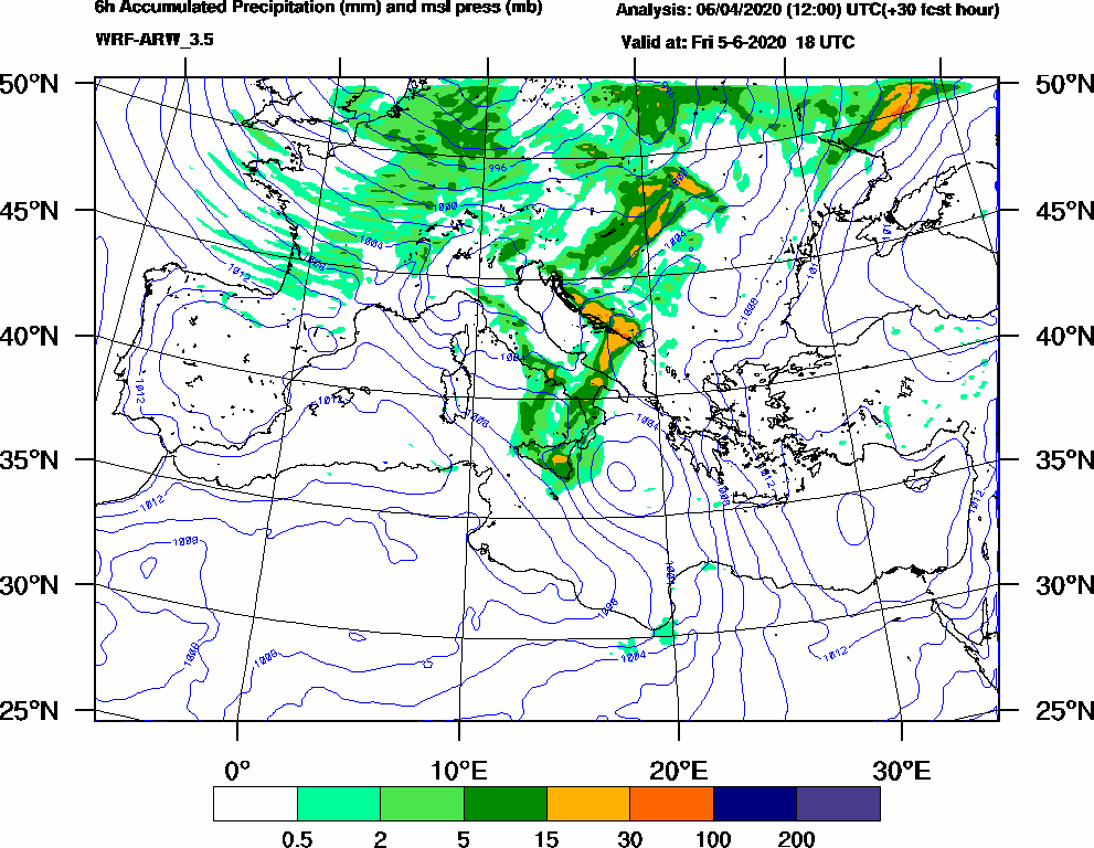 6h Accumulated Precipitation (mm) and msl press (mb) - 2020-06-05 12:00