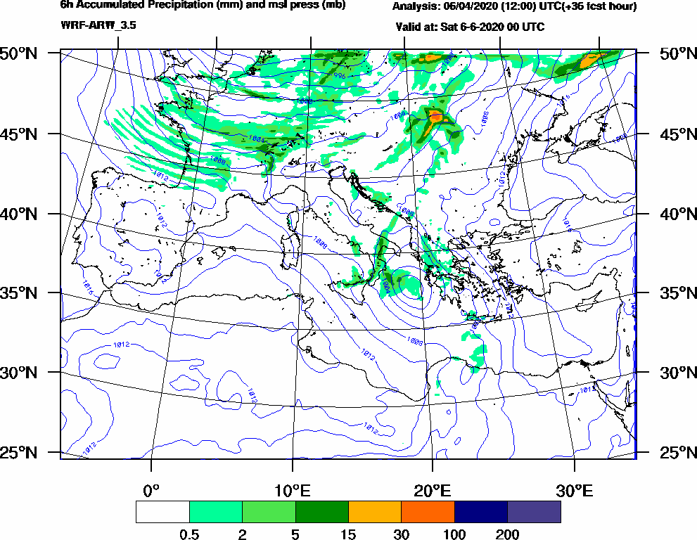 6h Accumulated Precipitation (mm) and msl press (mb) - 2020-06-05 18:00