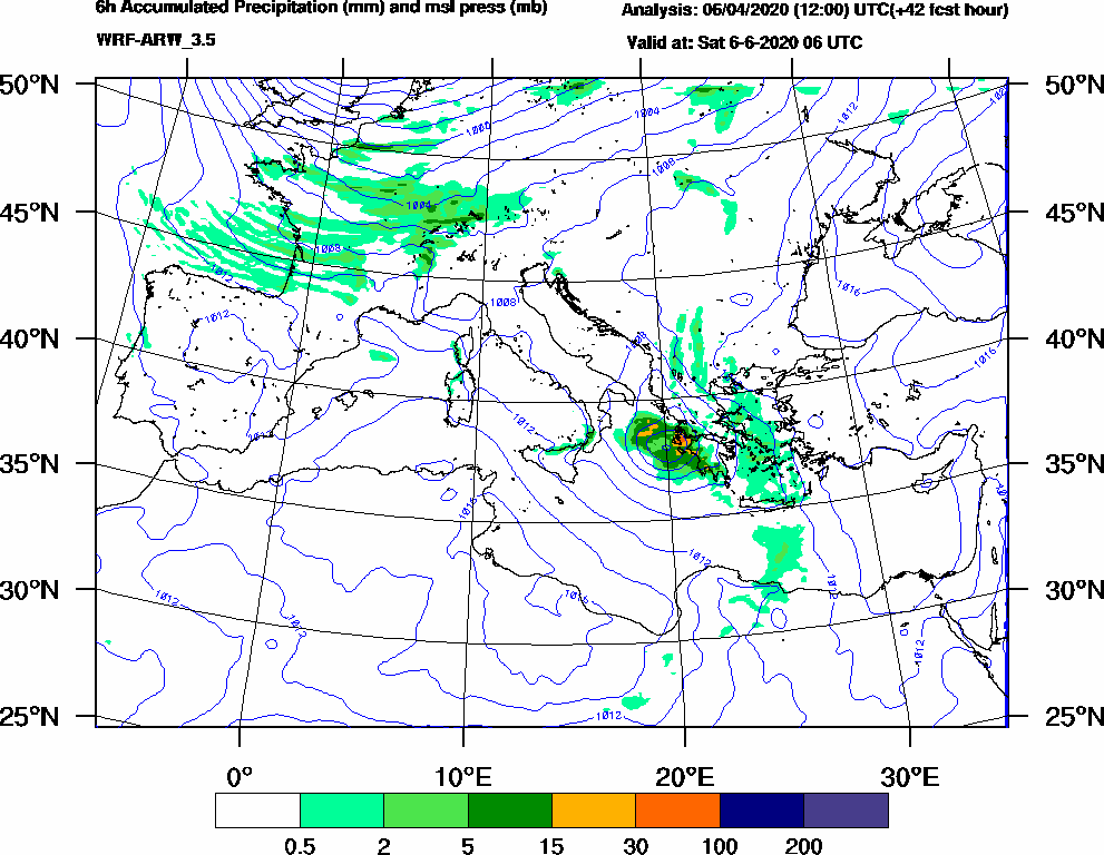 6h Accumulated Precipitation (mm) and msl press (mb) - 2020-06-06 00:00