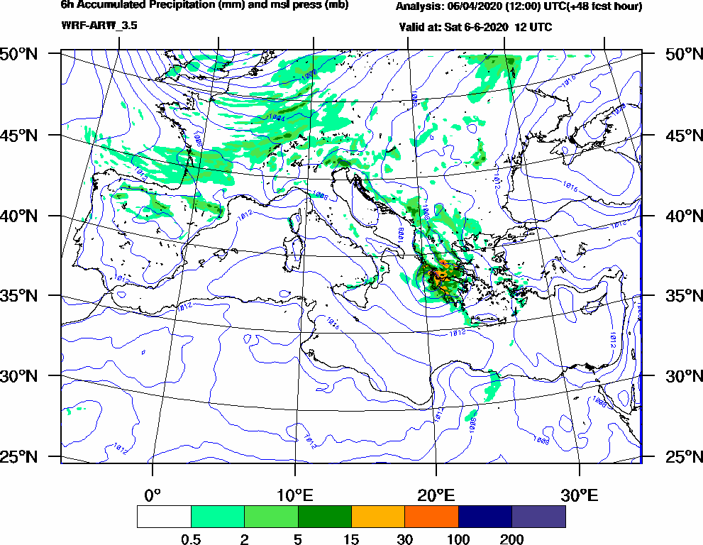 6h Accumulated Precipitation (mm) and msl press (mb) - 2020-06-06 06:00