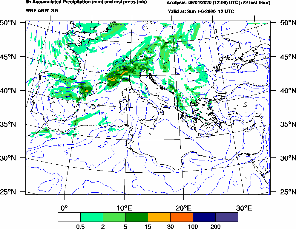 6h Accumulated Precipitation (mm) and msl press (mb) - 2020-06-07 06:00