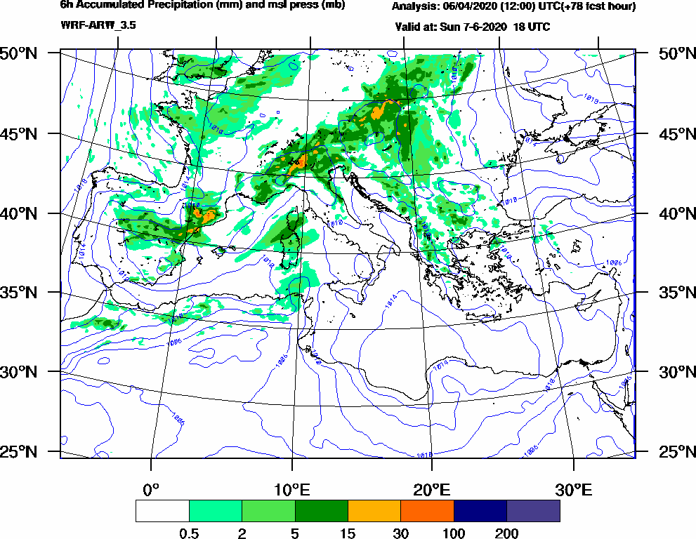 6h Accumulated Precipitation (mm) and msl press (mb) - 2020-06-07 12:00