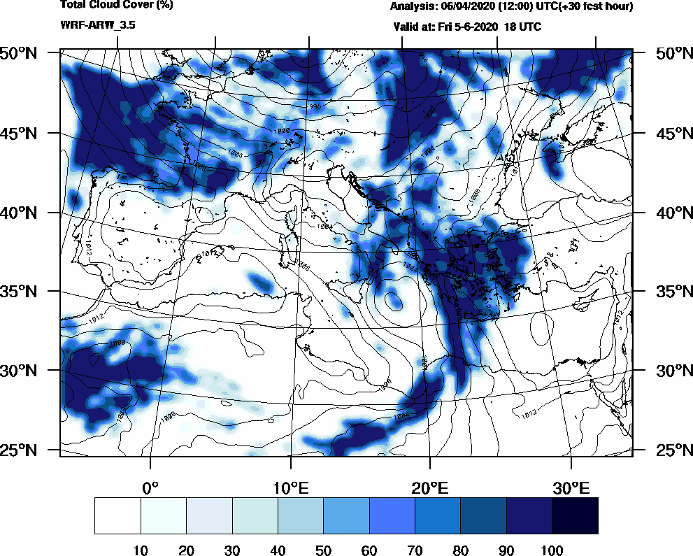 Total cloud cover (%) - 2020-06-05 12:00