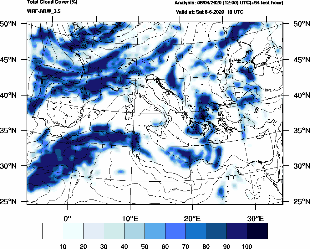 Total cloud cover (%) - 2020-06-06 12:00