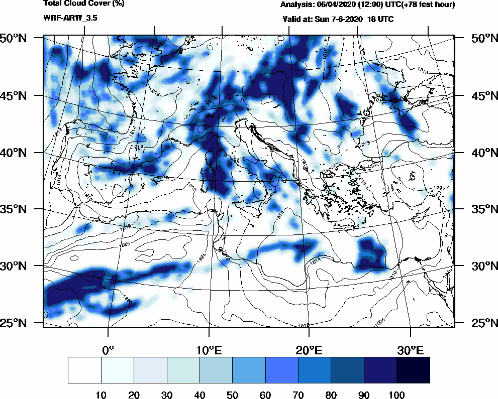 Total cloud cover (%) - 2020-06-07 12:00