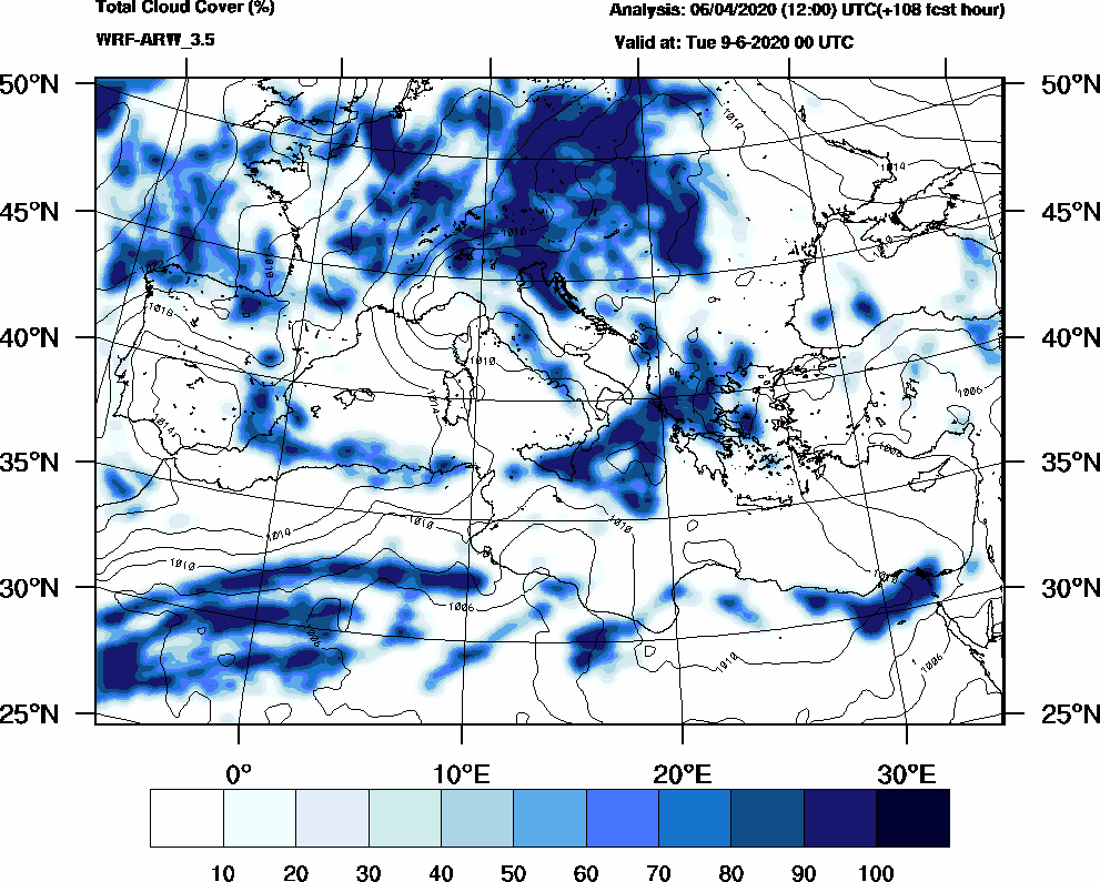 Total cloud cover (%) - 2020-06-08 18:00