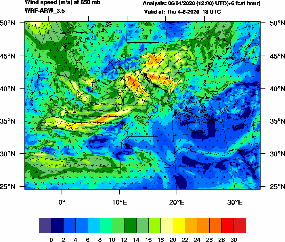 Wind speed (m/s) at 850 mb - 2020-06-04 18:00
