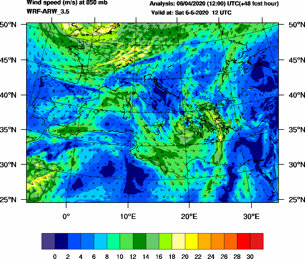 Wind speed (m/s) at 850 mb - 2020-06-06 12:00