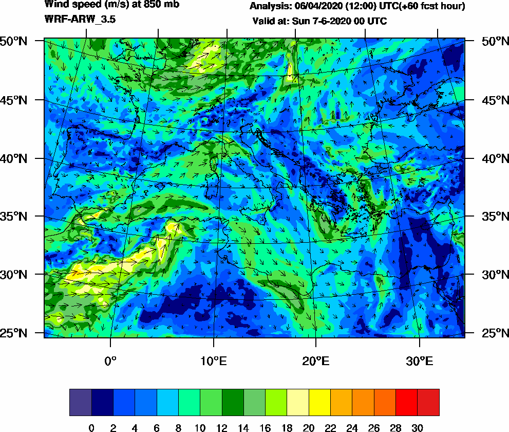 Wind speed (m/s) at 850 mb - 2020-06-07 00:00