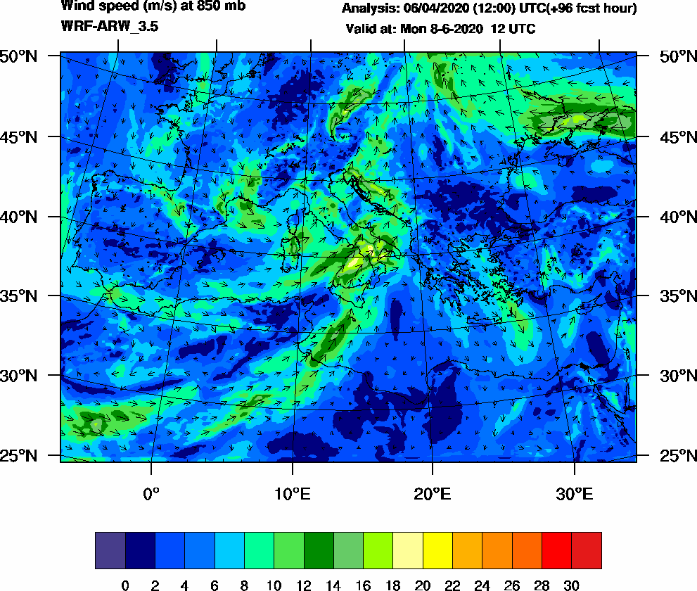 Wind speed (m/s) at 850 mb - 2020-06-08 12:00