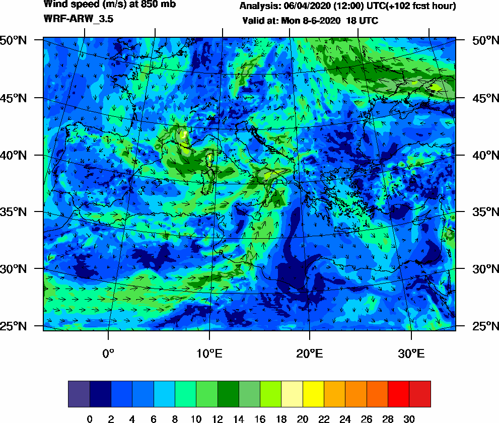 Wind speed (m/s) at 850 mb - 2020-06-08 18:00