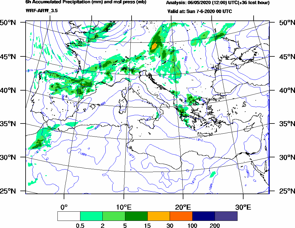 6h Accumulated Precipitation (mm) and msl press (mb) - 2020-06-06 18:00