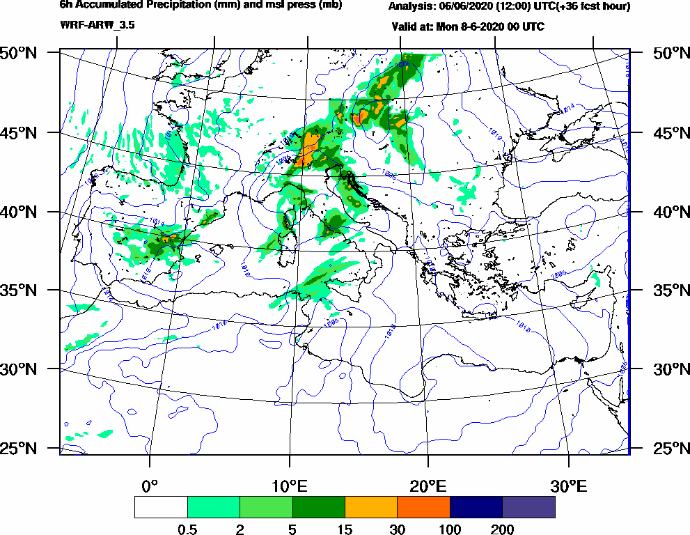 6h Accumulated Precipitation (mm) and msl press (mb) - 2020-06-07 18:00