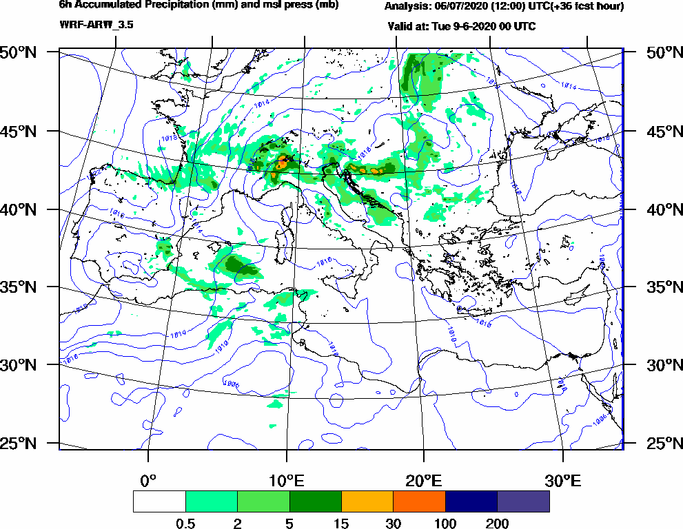 6h Accumulated Precipitation (mm) and msl press (mb) - 2020-06-08 18:00