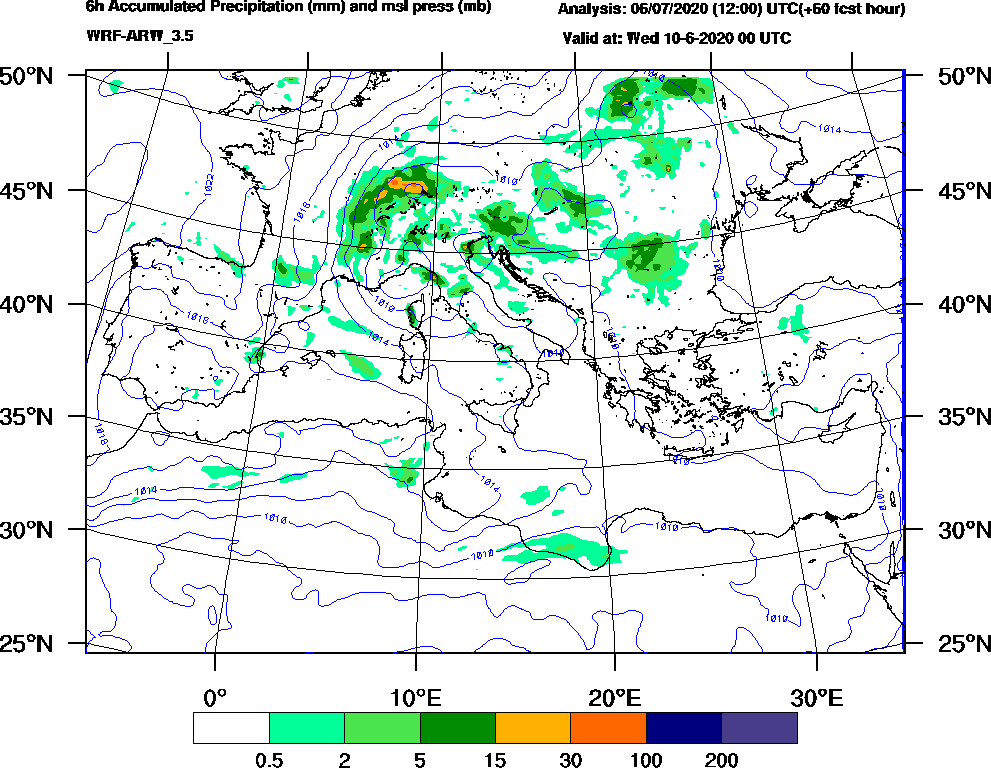 6h Accumulated Precipitation (mm) and msl press (mb) - 2020-06-09 18:00