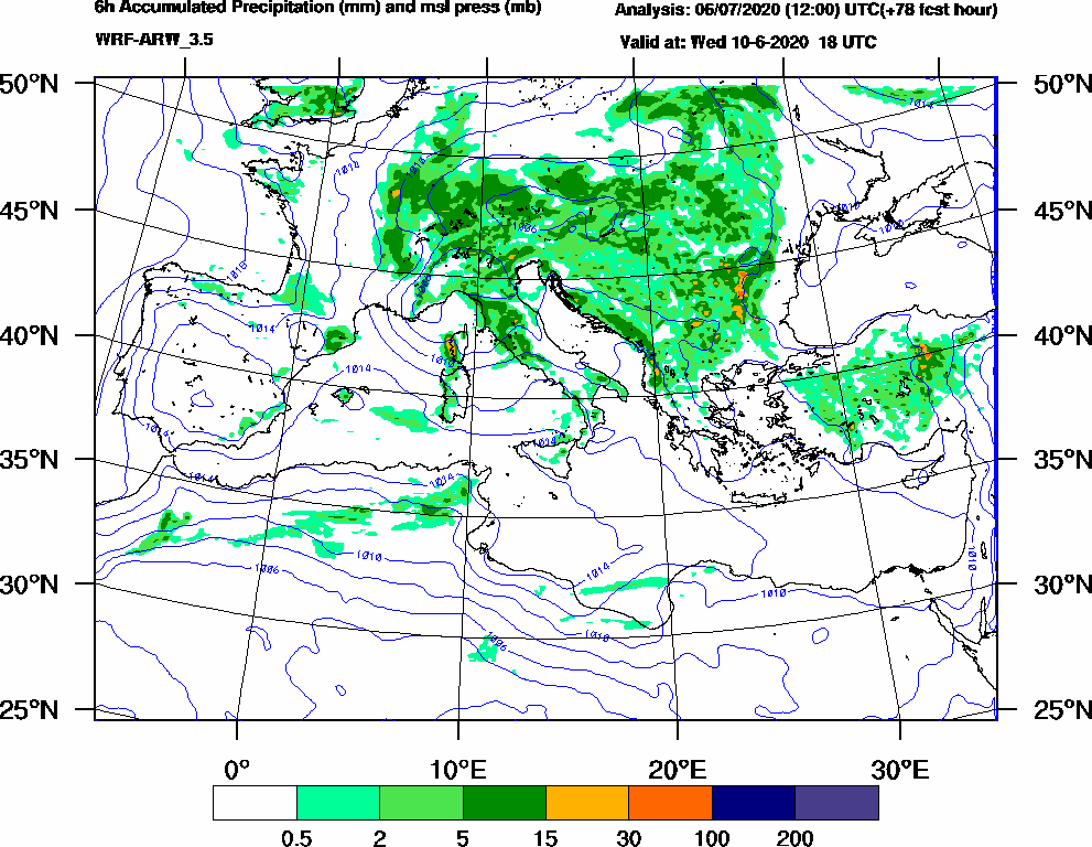 6h Accumulated Precipitation (mm) and msl press (mb) - 2020-06-10 12:00