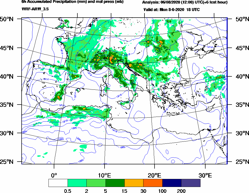 6h Accumulated Precipitation (mm) and msl press (mb) - 2020-06-08 12:00