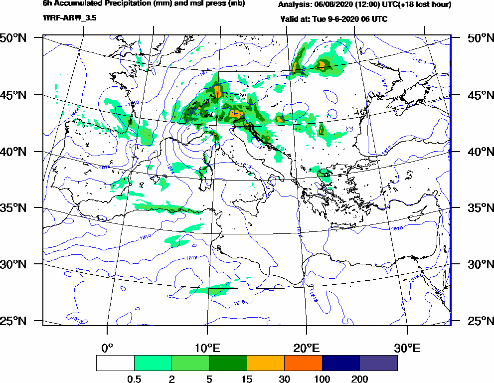 6h Accumulated Precipitation (mm) and msl press (mb) - 2020-06-09 00:00