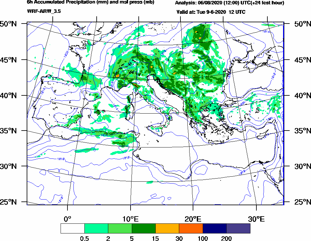 6h Accumulated Precipitation (mm) and msl press (mb) - 2020-06-09 06:00