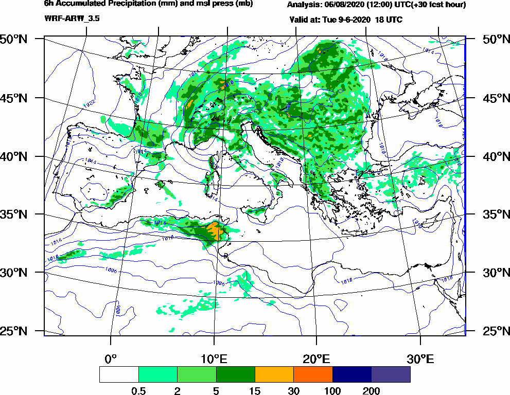 6h Accumulated Precipitation (mm) and msl press (mb) - 2020-06-09 12:00