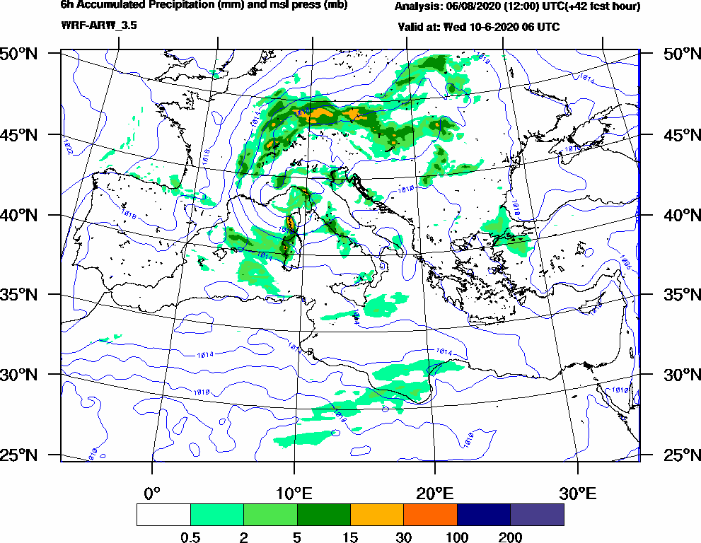 6h Accumulated Precipitation (mm) and msl press (mb) - 2020-06-10 00:00