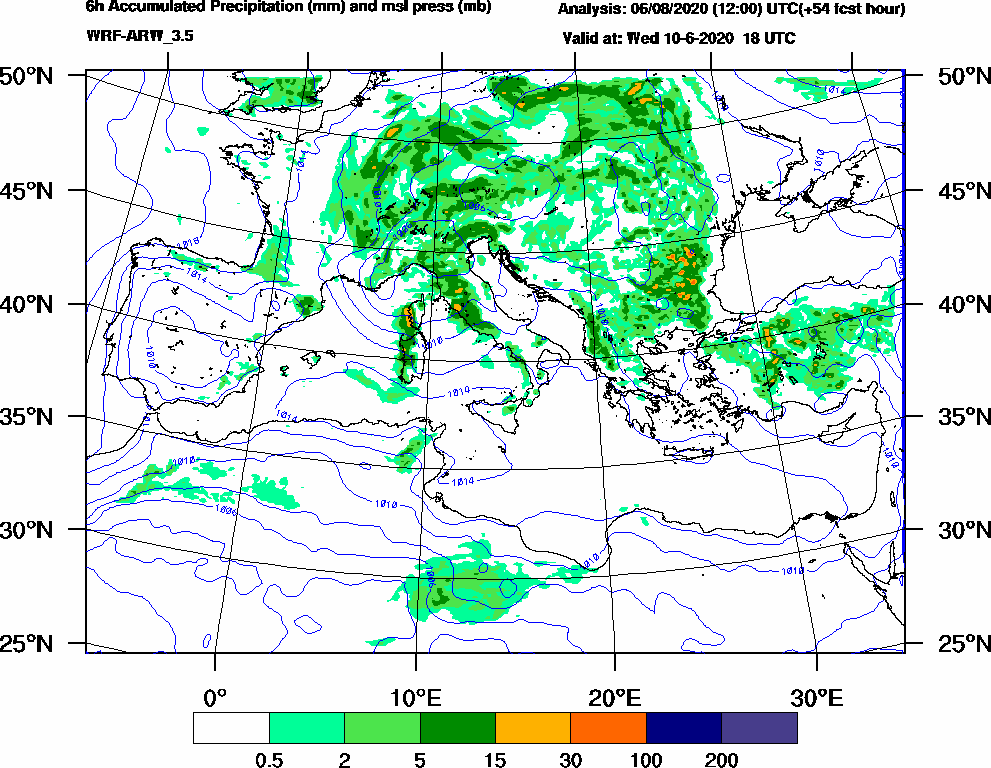 6h Accumulated Precipitation (mm) and msl press (mb) - 2020-06-10 12:00