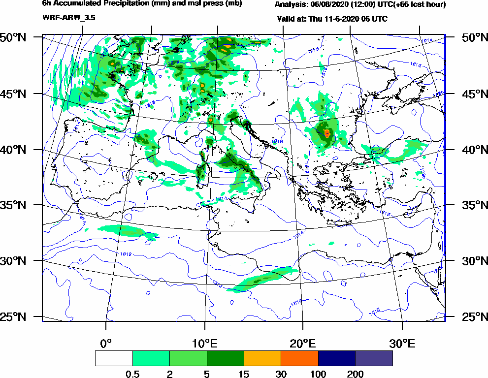 6h Accumulated Precipitation (mm) and msl press (mb) - 2020-06-11 00:00