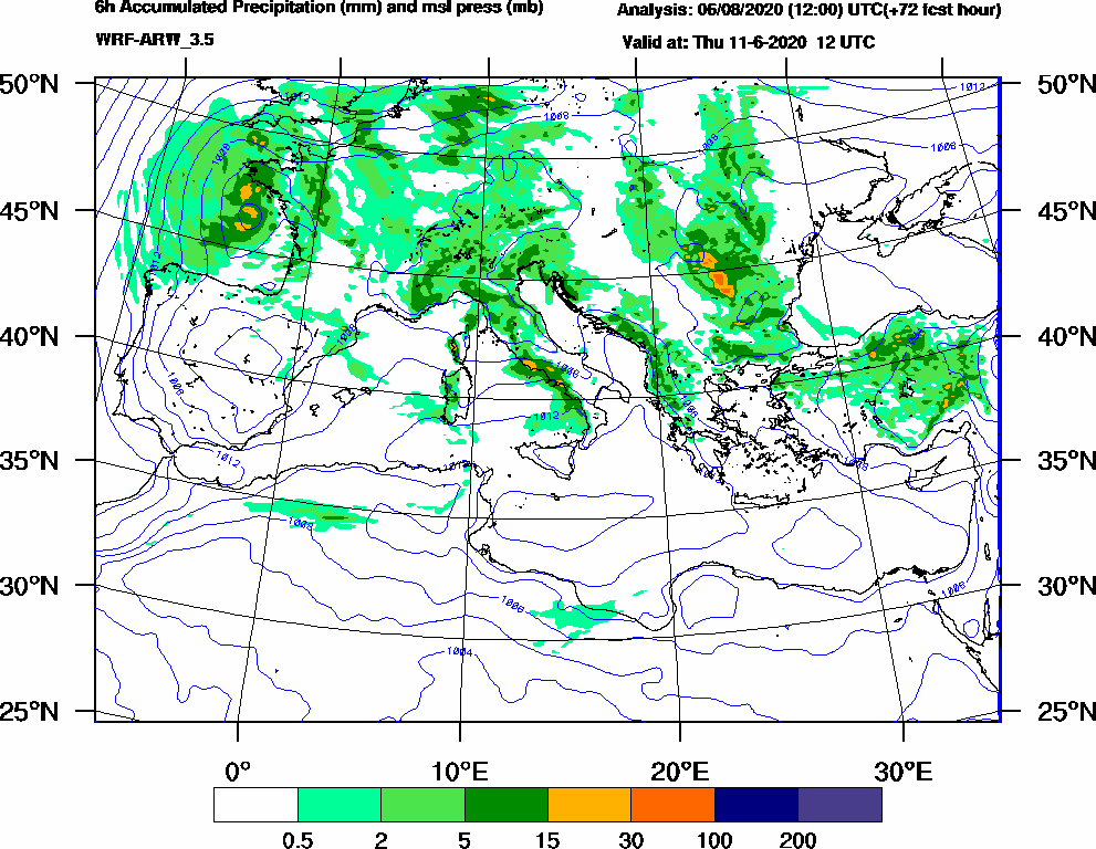 6h Accumulated Precipitation (mm) and msl press (mb) - 2020-06-11 06:00