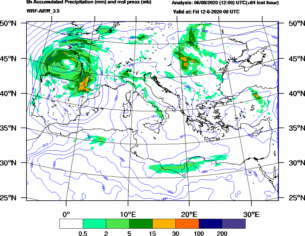 6h Accumulated Precipitation (mm) and msl press (mb) - 2020-06-11 18:00